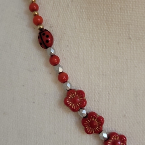 HANDMADE Red Floral Ladybug Czech Glass Jade Beaded Fairycore Necklace - Picture 3 of 6